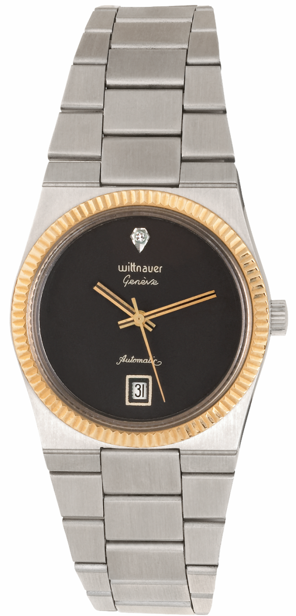 Screenshot 2025-10-07 at 13.56.58 WITTNAUER "Genève" Stainless Steel Wristwatch with Date Indication, Gold Plated Fluted Bezel, Black Dial and a Diamond
