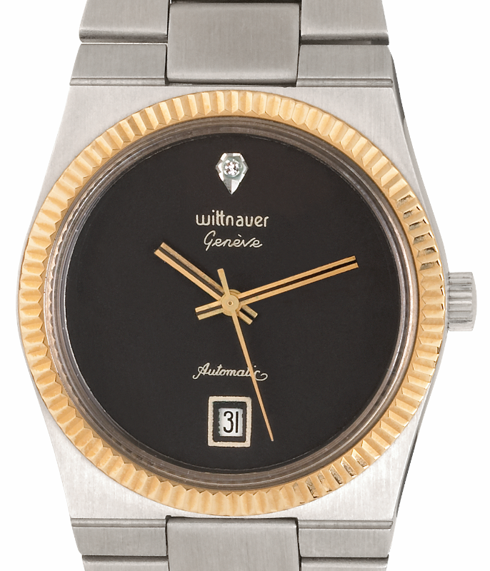 Screenshot 2025-10-07 at 13.56.58 WITTNAUER "Genève" Stainless Steel Wristwatch with Date Indication, Gold Plated Fluted Bezel, Black Dial and a Diamond