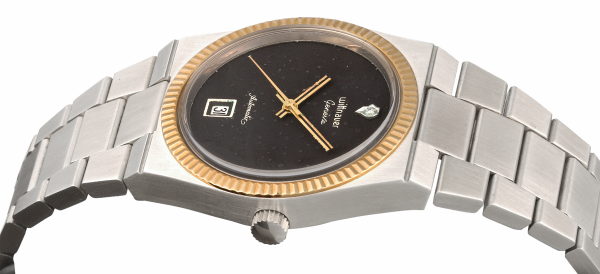 Screenshot 2025-10-07 at 13.57.06 WITTNAUER "Genève" Stainless Steel Wristwatch with Date Indication, Gold Plated Fluted Bezel, Black Dial and a Diamond