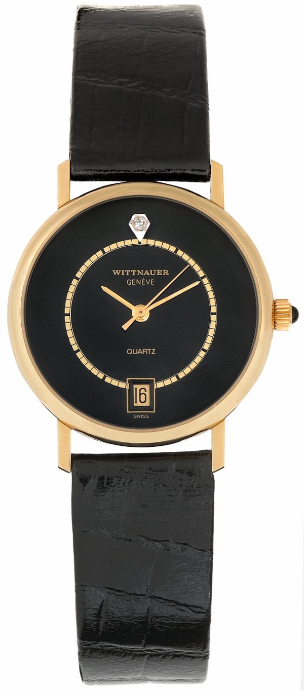 WITTNAUER "Genève" Gold Plated Ladies´Wristwatch with Black Jeweled Dial and a Chemin de Fer Minuterie