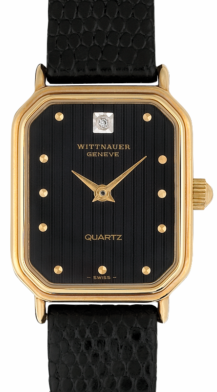 Screenshot 2025-10-07 at 14.46.05 WITTNAUER "Genève" Ladies´Rectangular Quartz Gold Plated Wristwatch with Black Jeweled Dial and Round Applied Indices
