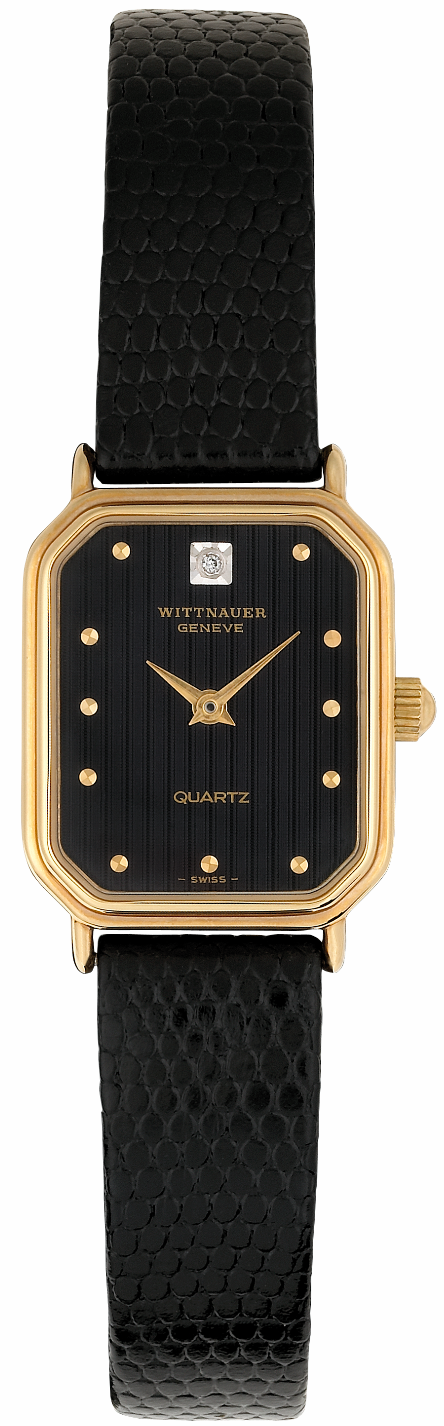 WITTNAUER "Genève" Ladies´Rectangular Quartz Gold Plated Wristwatch with Black Jeweled Dial and Round Applied Indices