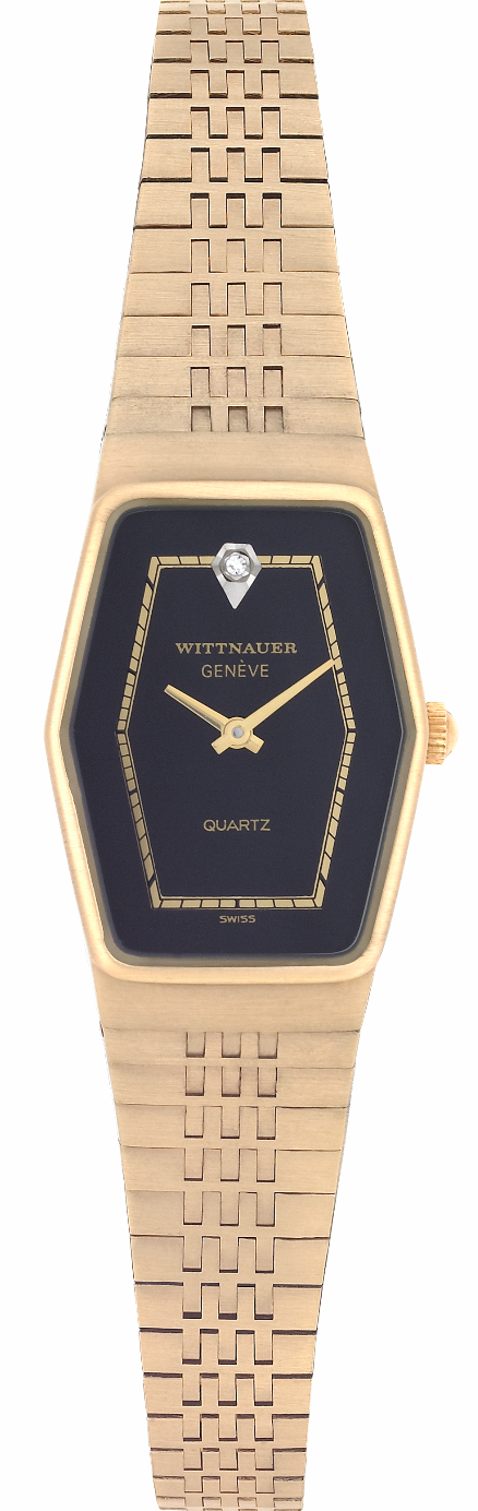 WITTNAUER "Genève" Ladies´ Polygonal Gold Plated Wristwatch with Black Jeweled Dial and Chemin de Fer Minuterie