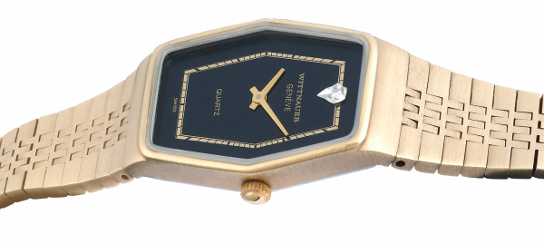 WITTNAUER "Genève" Ladies´ Polygonal Gold Plated Wristwatch with Black Jeweled Dial and Chemin de Fer Minuterie