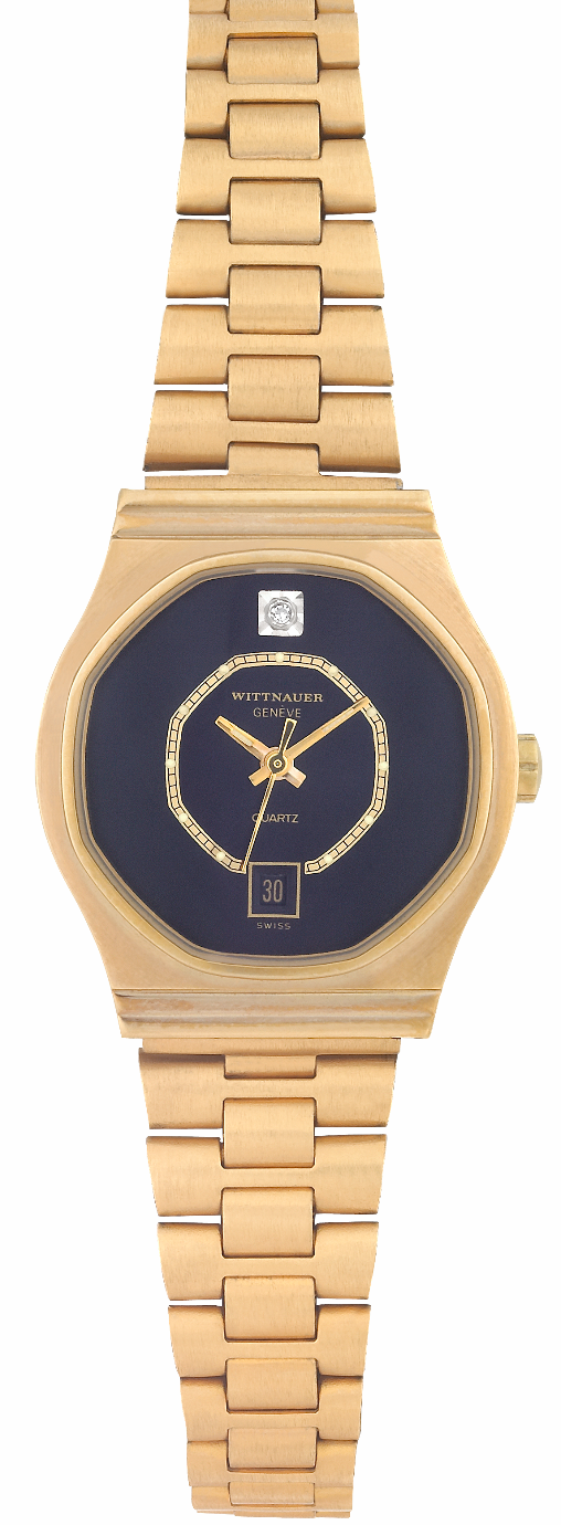 WITTNAUER "Genève" Ladies´Gold Plated Wristwatch with Black Jeweled Dial, Chemin de Fer Minuterie & Date
