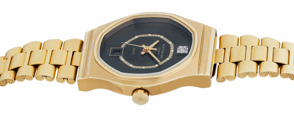 WITTNAUER "Genève" Ladies´Gold Plated Wristwatch with Black Jeweled Dial, Chemin de Fer Minuterie & Date