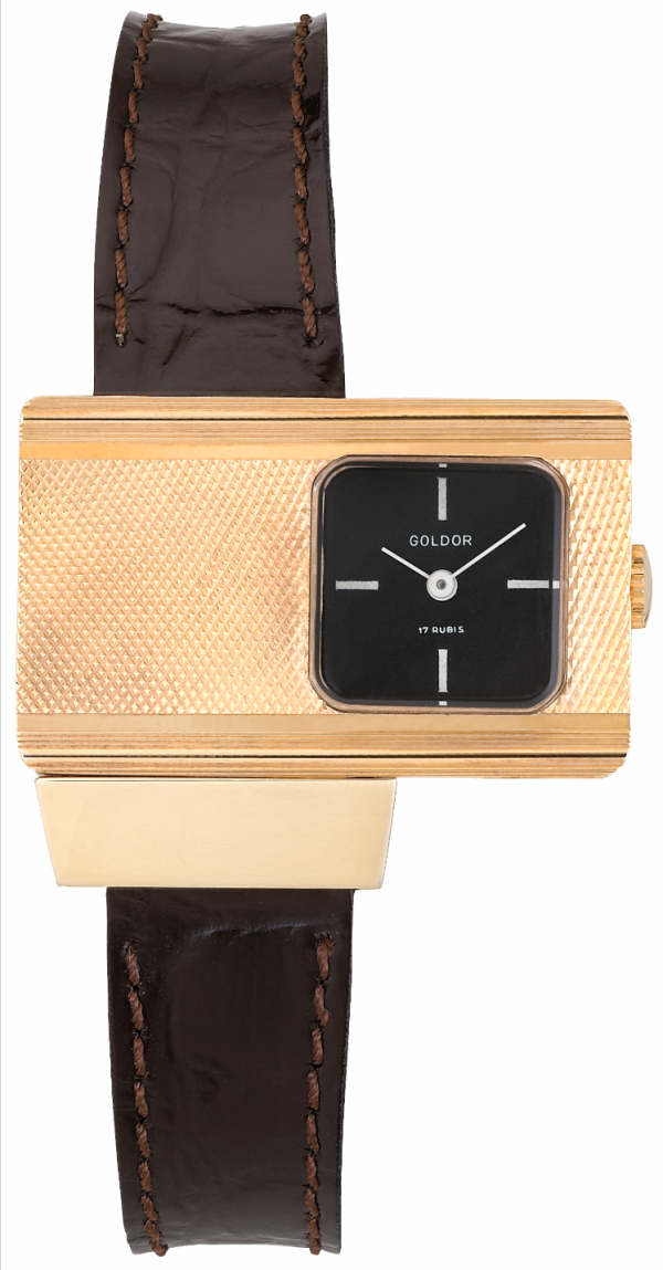 GOLDOR 1970s "Communicator" Wristwatch with "Clous de Paris" Gold-Plated Angular Case & Black Dial