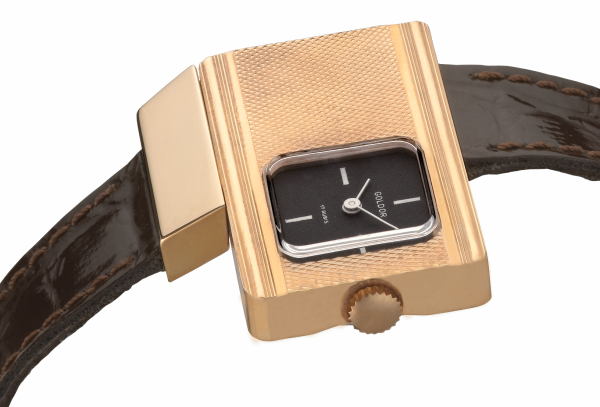 GOLDOR 1970s "Communicator" Wristwatch with "Clous de Paris" Gold-Plated Angular Case & Black Dial